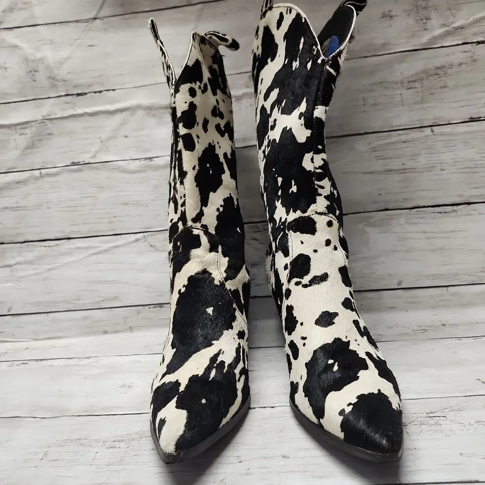 DINGO Live a Little Cow Print Calf Hair Western Boots Women's Size 8 Black/White